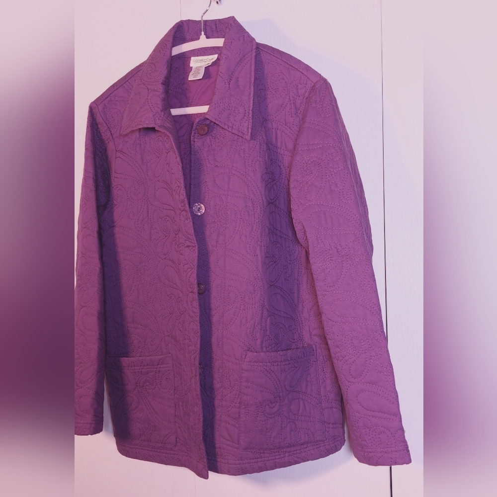 Coldwater Creek Purple Quilted Jacket Size Medium Embroidered Button Front Coat - Picture 4 of 11